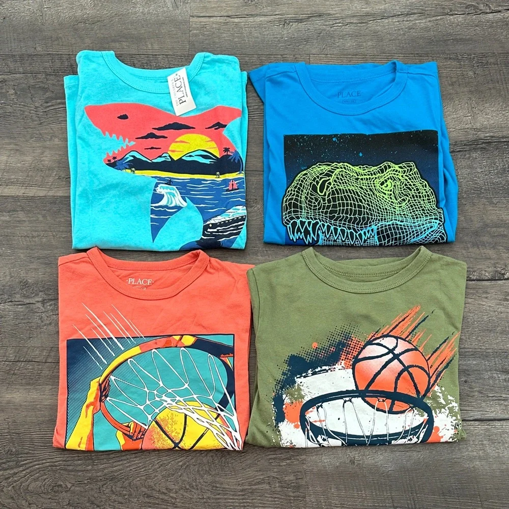 Children's Place BUNDLE (4) Boy's Medium 7/8‎ Shark/Dino/Basketball Graphic Tees